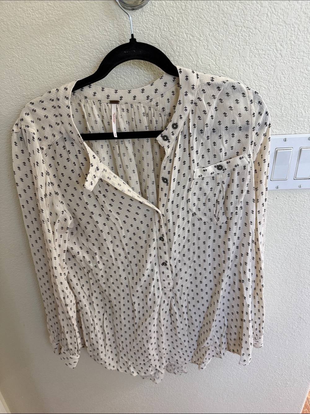 Free People Cream Button-Front Tunic with Black Floral Dot Print